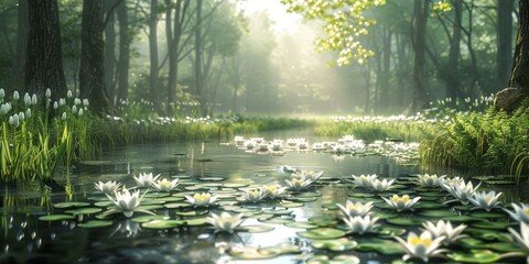 Canvas Print - Mystical Forest Pond with Glowing White Water Lilies