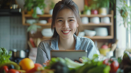 Wall Mural - Happy Asian woman vegetarian healthy eating salad food and use tablet on the table. Young woman vegetarian. Vegetables and fruits. Vegan food.