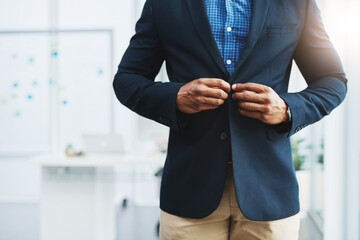 Poster - Blazer, office and business man hands with corporate professional ready for work at company. Staff, employee and startup with suit and career fashion with entrepreneur and workplace with executive