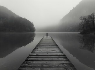  b'Wooden dock extending into calm lake with dense fog in the morning'