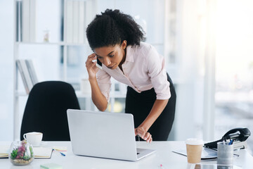 Poster - Laptop, business or black woman in phone call in schedule planning, discussion or conversation at office. Listen, mobile or African consultant talking for tech startup or project ideas at workplace