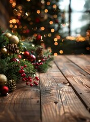 Poster - b'Christmas decoration on a wooden table with blurred lights in the background'