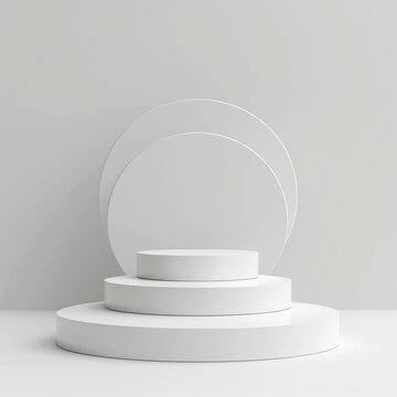 b'3d rendering of a white podium with a circular backdrop'