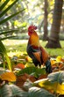 Colorful rooster in a cozy backyard setting with ample space for custom text vertical composition