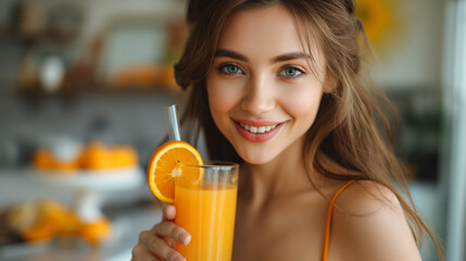 Wall Mural - Portrait of beauty body slim healthy asian woman drinking glass of juice and orange.young girl preparing cooking healthy drink with fresh orange juice in kitchen at home.Diet concept.healthy drink.