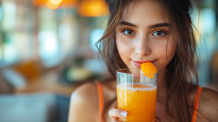 Sticker - Portrait of beauty body slim healthy asian woman drinking glass of juice and orange.young girl preparing cooking healthy drink with fresh orange juice in kitchen at home.Diet concept.healthy drink.