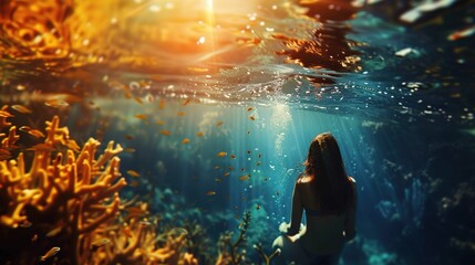 a person with long hair is submerged in clear blue water, gazing into the sunlight streaming down on