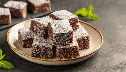 Close-up of vegan lamingtons, traditional Australian dessert. Tasty food. Delicious snack.