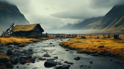 Canvas Print - b'Thatched roof house by the river in a valley between mountains'