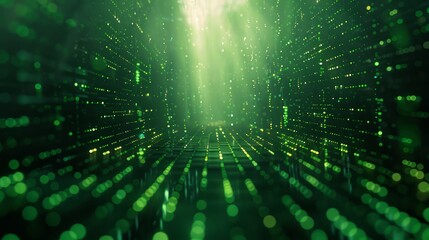 Poster - A green room with a lot of lights and a lot of dots. The room is very bright and it looks like it is a computer room