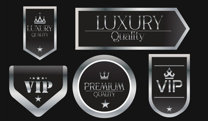 Wall Mural - Silver luxury labels and banners. Vector set of  award badges, best quality guarantee certificates, emblems and ribbons for product promotion. Isolated VIP quality guaranteed stamps.eps10