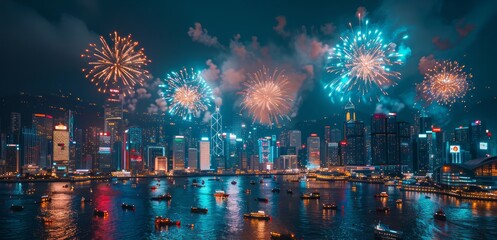 Aufkleber - A city skyline is lit up with fireworks, creating a festive and lively atmosphere. The fireworks are scattered throughout the sky, with some closer to the ground and others higher up
