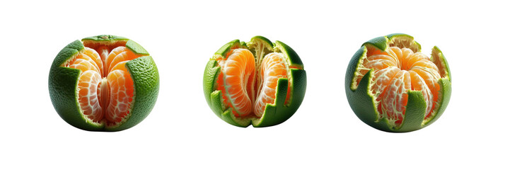 Wall Mural - Set of peeled green orange with the internal of a mandarin, illustration, isolated over on transparent white background