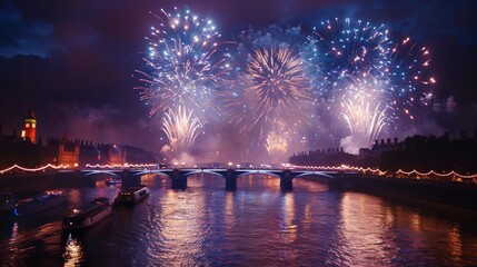 Aufkleber - A bridge over a river with fireworks in the background. The fireworks are lit up in the night sky, creating a festive atmosphere