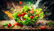 Abstract exploding photon Salad with Lettuce, Tomato, and Raw Vegetables on digital art concept.
