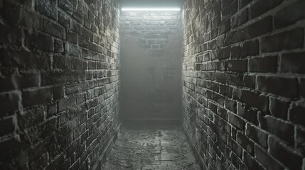 Poster - A dark, narrow brick tunnel with a light shining through it. The light casts shadows on the walls and floor, creating an eerie atmosphere