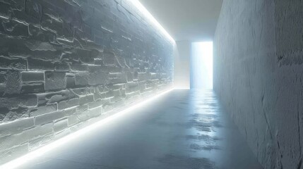 Poster - A long, narrow hallway with a white wall and a light shining through a doorway. The hallway is empty and the light creates a sense of emptiness and loneliness
