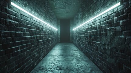 Poster - A dark, narrow tunnel with a neon light on the wall