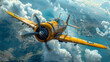© Aliaksandra - A vintage fighter plane with distinct markings soars in the sky, its propeller in motion against a backdrop of clouds and blue skies