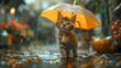 the heartwarming sight of a cartoon kitten joyfully exploring the rain with its umbrella in hand, its adorable antics adding a touch of sweetness to the dreary weather