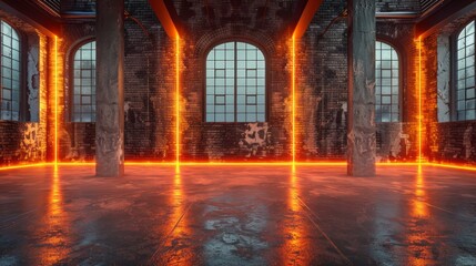 Poster - A large, empty room with orange lights and a brick wall