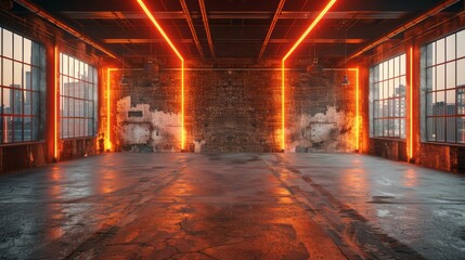 Poster - A large, empty room with orange lighting and a brick wall. The room is empty and has a dark, industrial feel