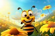 A cartoon bee flies over a meadow with yellow flowers and collects pollen. May 20, World bee day