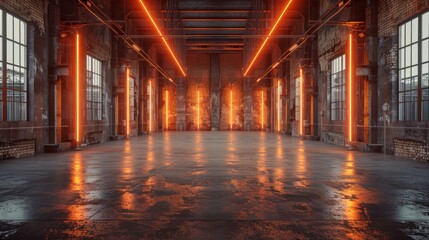 Poster - A large, empty room with orange lights and a brick wall. The room is empty and has a dark, industrial feel