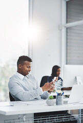 Aufkleber - Office, business and man with cellphone, typing and connection with social media, digital app and message. Employee, staff and agent with smartphone, contact and texting with internet or online news