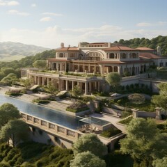 Wall Mural - b'Large luxury mansion with pool and beautiful landscape'