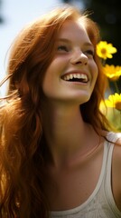 Wall Mural - b'Portrait of a happy young woman with red hair and freckles smiling in a field of yellow flowers'