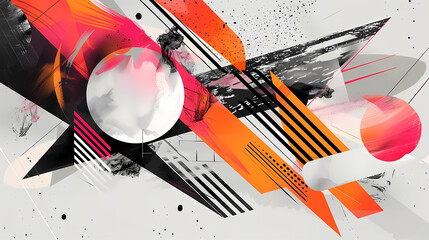 Wall Mural - dynamic geometric composition featuring a white and black airplane and a white balloon