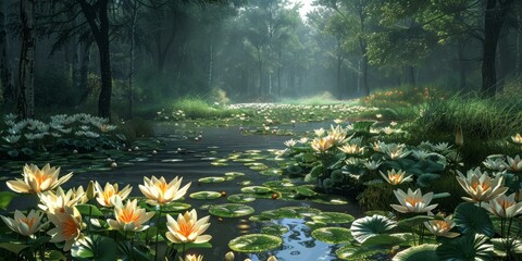 Canvas Print - Mystical Forest Pond with Glowing Water Lilies