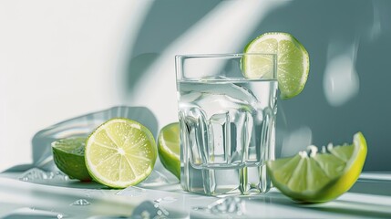 Sticker - A shot glass filled with crystal clear spirit sits boldly against a white backdrop accompanied by vibrant lime wedges