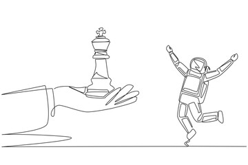 Poster - continuous one line drawing astronaut excited to get king's chess piece from giant hand. get support