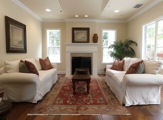 Sticker - b'Two white sofas in a living room with a fireplace and a red patterned rug'