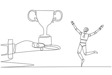 Poster - Single continuous line drawing a robot happy to get the trophy from the giant hand. Proving the success of the robot. Win the competition. Artificial intelligence. One line design vector illustration