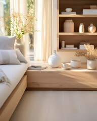 Aufkleber - The living room showcases modern minimalism with white tones, grey floors, oak furniture, and soft natural light, capturing contemporary simplicity and elegance