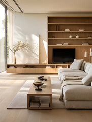 Aufkleber - Modern Minimalism, Close-up of living room, White tones, Grey floors, Oak wood furniture, Soft daylight