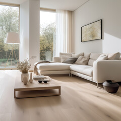 Aufkleber - The living room's medium close-up exudes minimal elegance in modern white, paired with grey floors, oak furniture, and soft daylight, creating a serene ambiance