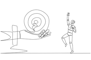Poster - Single continuous line drawing robot was excited to get the arrow target board from a giant hand. Train focus. Hit the target exactly. Future technology concept. One line design vector illustration