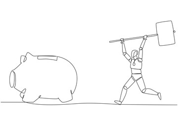 Poster - Single continuous line drawing robot holding a big hammer chasing big running piggy bank. Artificial intelligence trials require funding. Disburse emergency funds. One line design vector illustration