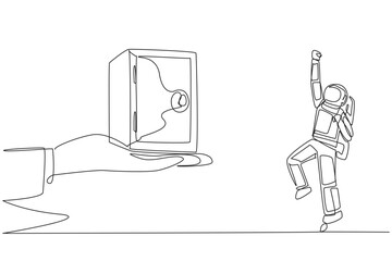 Poster - Single one line drawing astronaut was excited to get a safe deposit box from a giant hand. Store astronaut equipment in the safest place. Locked tight. Continuous line design graphic illustration
