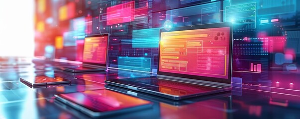 Poster - Futuristic array of responsive devices displaying vibrant interfaces for web design