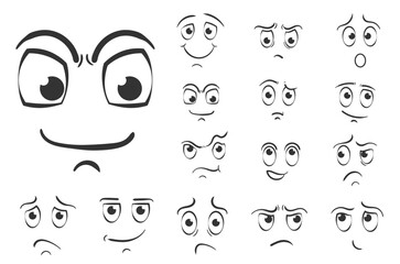 Wall Mural - PNG, Different facial expressions in doodle style. Set of cartoon face emotions on white background. Expressive eyes and mouth, smiling, crying and surprised character face expressions.
