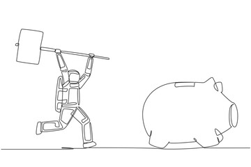 Poster - Continuous one line drawing astronaut holding a big hammer chasing big running piggy bank. Serious financial problems. Need additional funds. Cosmonaut. Single line draw design vector illustration