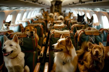 Pets on Board: Cats and Dogs Flying in Airplane Cabin. Cats and dogs comfortably seated in plane cabin chairs, embodying the concept of pet transportation, relocation, and emigration.