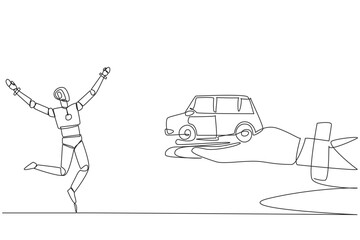 Poster - single continuous line drawing a robot excited to get miniature car from giant hand. duplicating art