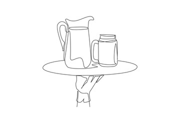 Wall Mural - Continuous one line drawing the waiter holds food tray serving glass of lemonade and pitcher. More delicious to enjoy in summer. Refreshing drink. Healthy. Single line draw design vector illustration