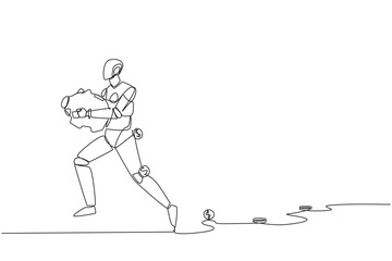 Poster - Single one line drawing a robot running while carrying a piggy bank with coins scattered around. Helps maintain profits. Artificial intelligence technology. Continuous line design graphic illustration